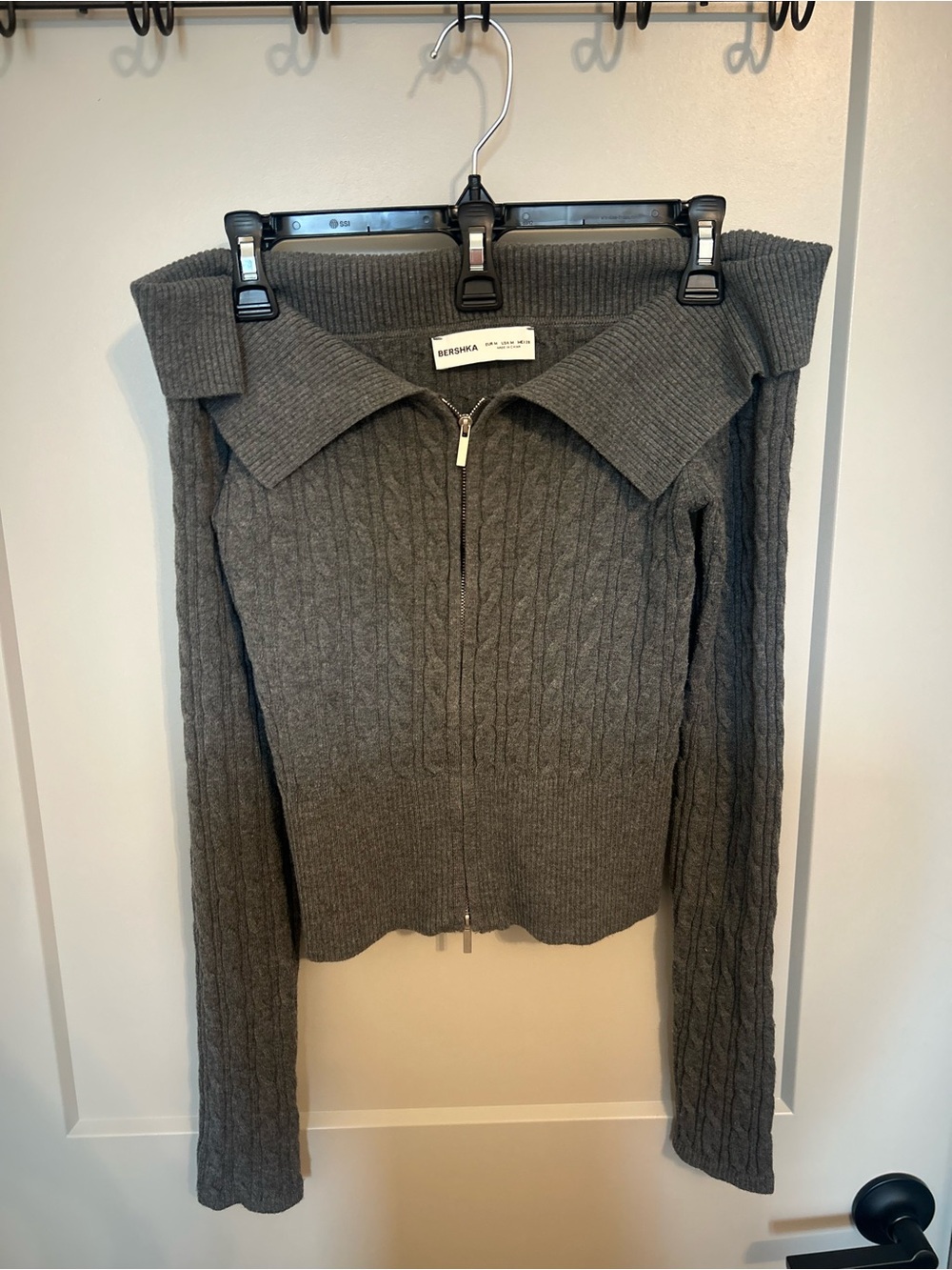Bershka Charcoal Gray Off-Shoulder Zip Cable Knit Sweater